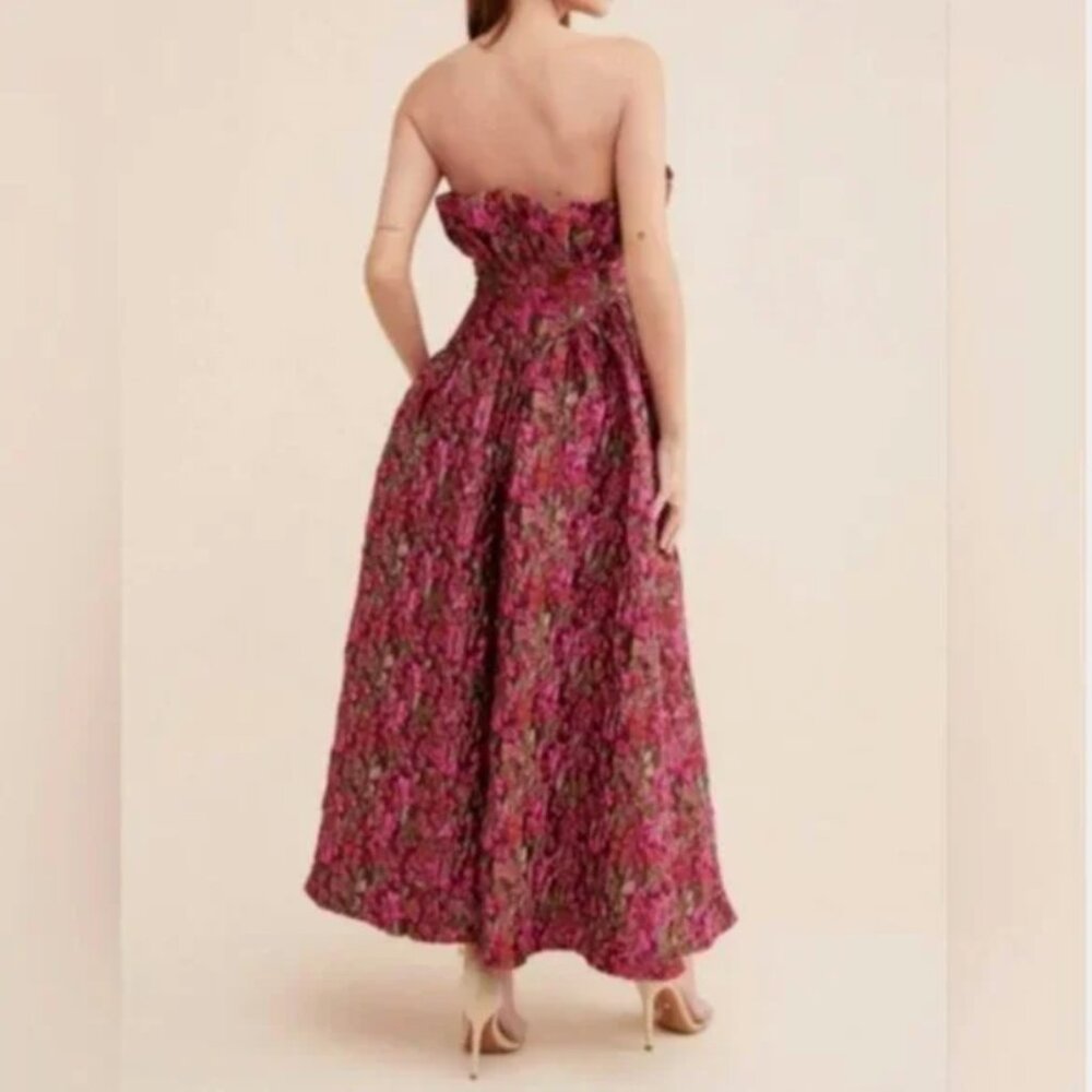 Anthropologie Strapless Textured Floral Midi Dress in Fuchsia and Green - Picture 2 of 6